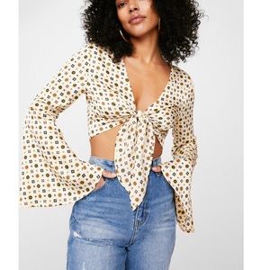 Satin V Neck Tie Cropped Blouse